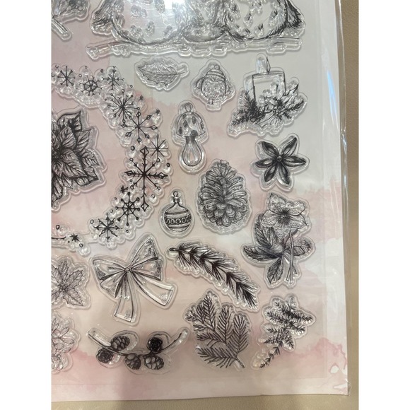 RARE EARTH WINTER FLORAL 26 CLEAR CLING STAMPS CHRISTMAS BIRDS TWIGS PINECONE - Picture 5 of 7